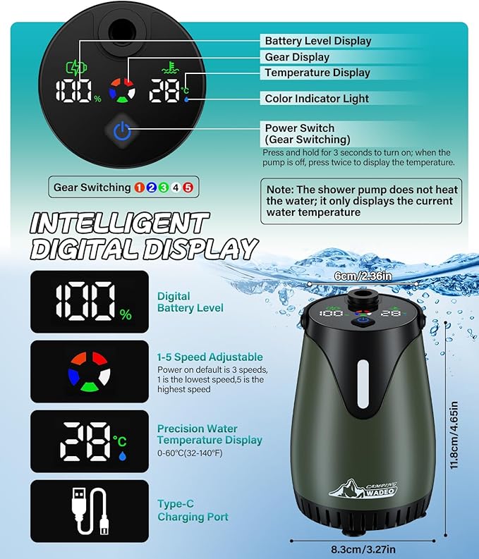 Portable Shower for Camping with 5-Gallon Water Jug, 6000mAh Rechargeable Outdoor Camping Shower Kit, IPX8 Waterproof Pump, Easy to Store for Hiking, Beach, 5-Mode Shower Head