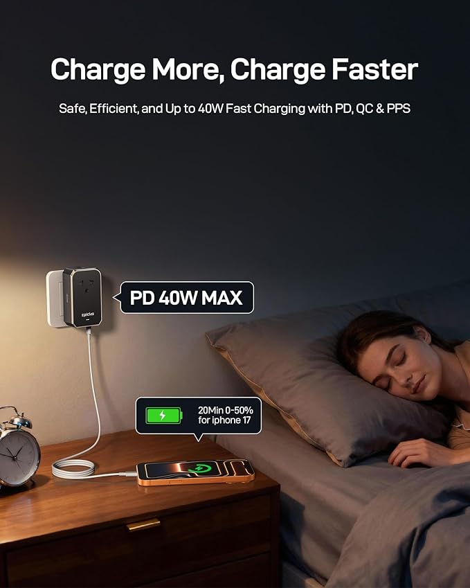 EPICKA Air 40W Universal Travel Adapter, PD Fast Charging International Power Adapter with 1 AC & 4 USB Ports, Worldwide Compact Travel Essentials for USA/EU/UK/AUS(Black, Not a Voltage Converter)