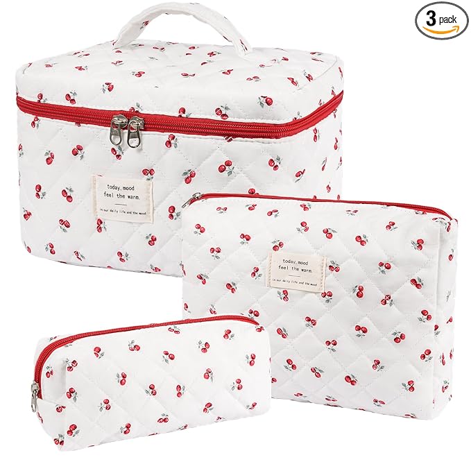 Makeup Bag,Quilted Cosmetic Bags,Large Floral Make Up Organize bag,Makeup Bag Set for Women,Flower Travel Toiletry Bag