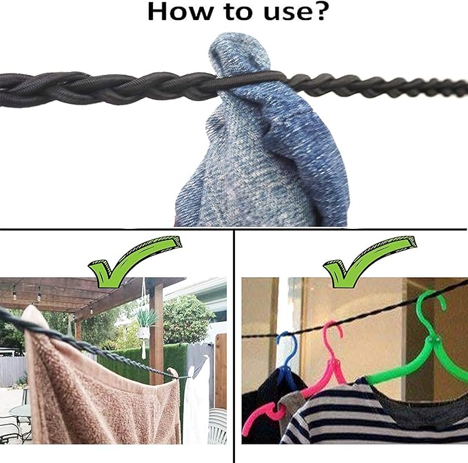 Tri-Braided Cord Travel Clothes Line, Adjustable Bungee Cord Clothesline,Washing Hanging Airer Rope, for Hotel,Camping/Laundry Room,Indoor/Outdoor Usage,Dry Clothes Anywhere Without Using pegs.