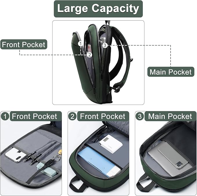 Business Backpack 17 Inch Slim Expandable Waterproof Travel Laptop Backpacks with USB Charger Port Anti-Theft Lightweight Large Work Computer Bag College Laptop Backpacks Gifts for Men Women, Green