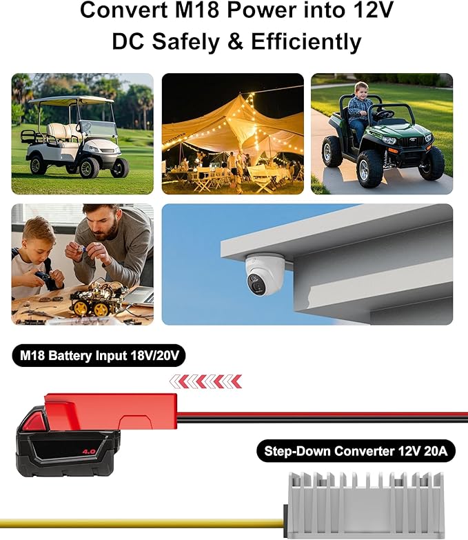 18V to 12V Step Down Converter Aadpter Compatible with Milwaukee M18 Batteries, DC 12 Voltage Battery Power Adapter, Automatic Buck Converter Regulator with Fuse for Golf Cart