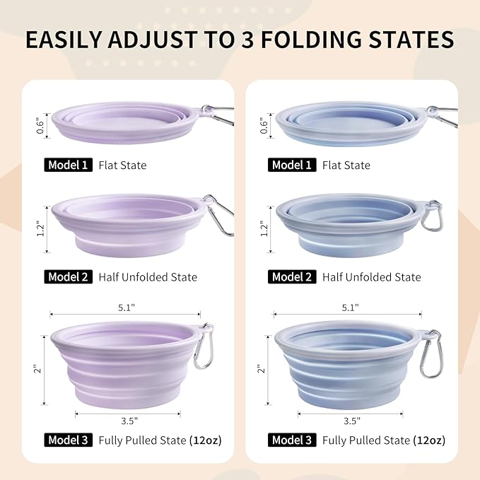 Collapsible Dog Bowls 2-Pack, Portable Travel Dog Bowl with Carabiner, Food-Grade Silicone Pet Bowl for Hiking, Walking (Macaron Blue and Violet)