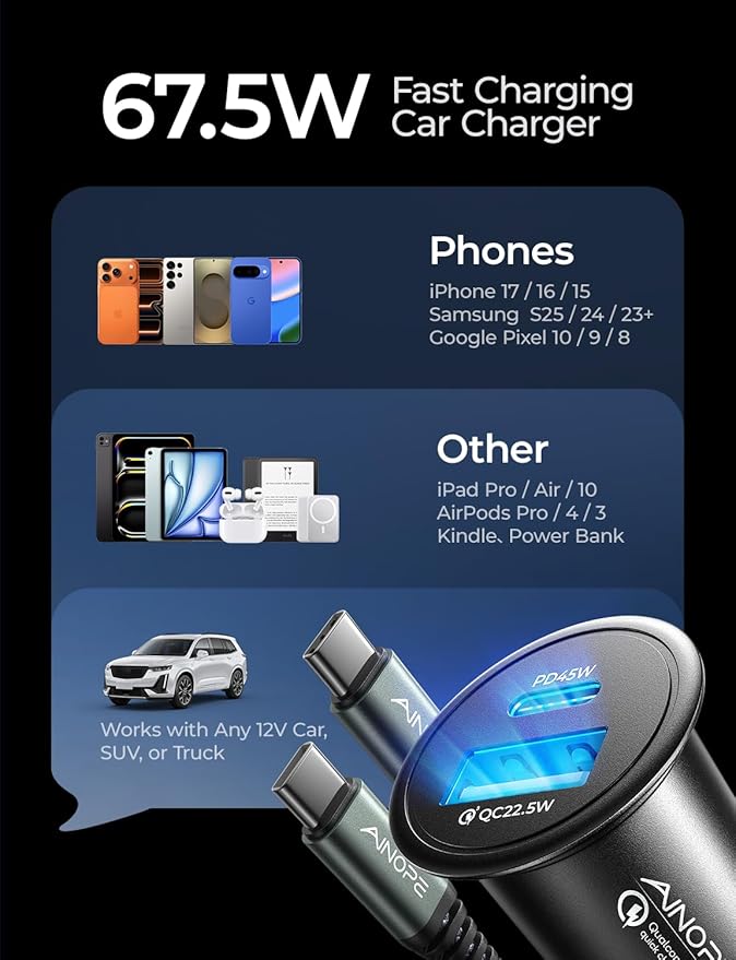 AINOPE 67.5W Car Charger USB C Fast Charge, PD 45W USB C Car Charger Fast Charging【Mini & Metal】 Cigarette Lighter Adapter USB-C Type C Car Charger for iPhone 17 16 15 Pro Max, for Samsung S26 S25