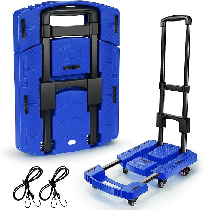 Folding Hand Truck with 6 Wheels and Elastic Ropes - Portable Heavy Duty Dolly Cart for Travel and Moving