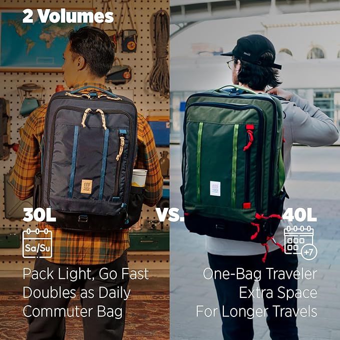 Topo Designs Global Travel Bag – 30L or 40L - Carry-On Compliant Most Airlines, Durable Travel Duffel Bag, Clam Shell Main Pocket, Laptop Sleeve, Backpack, Luggage (40L / Black/Black)