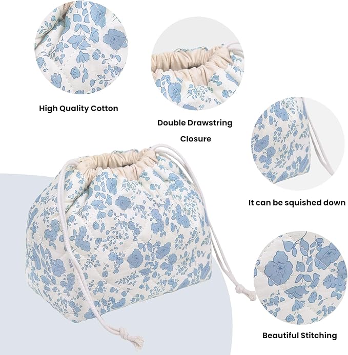 Gosect Large Makeup Bag, Cute Drawstring Cosmetic Bag with Canvas Lining, Floral Coquette Aesthetic Toiletry Bag, Travel Make Up Organizer Bag for Women and Girl (Blue Flower)