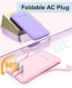 miisso Ultra Slim 10000mAh Power Bank Built-in Cables and Foldable AC Wall Plug, Pocket Size USB C Portable Charger, External Battery Pack Compatible with iPhone Samsung, Pink
