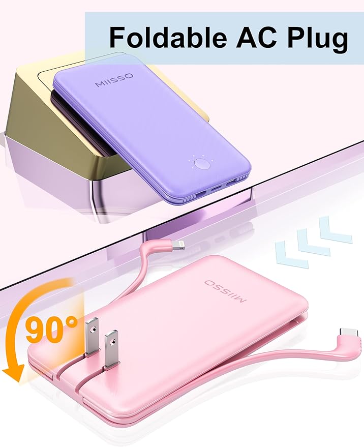 miisso Ultra Slim 10000mAh Power Bank Built-in Cables and Foldable AC Wall Plug, Pocket Size USB C Portable Charger, External Battery Pack Compatible with iPhone Samsung, Pink