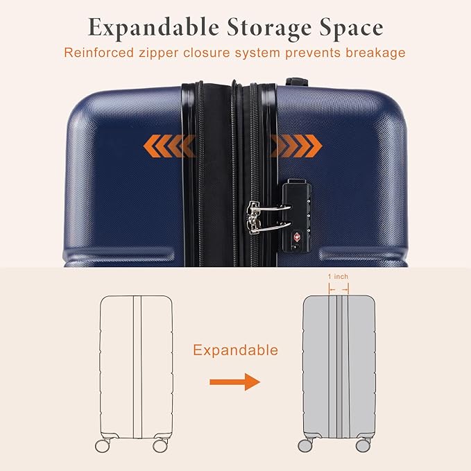 Sweetcrispy Carry on Suitcase Set, Luggage with Spinner Wheels, Hard Shell ABS, TSA Lock, Navy Blue, 3-PCS Set (20/24/28 inch)