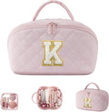 LOVEVOOK Travel Makeup Bag for Women, 2Pcs Puffer Waterproof Cosmetic Organizer, Large Capacity Pouch Open Flat Small Toiletry Bag with Brush Compartment & Handle (Pink-k, Medium)