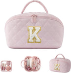 LOVEVOOK Travel Makeup Bag for Women, 2Pcs Puffer Waterproof Cosmetic Organizer, Large Capacity Pouch Open Flat Small Toiletry Bag with Brush Compartment & Handle (Pink-k, Medium)