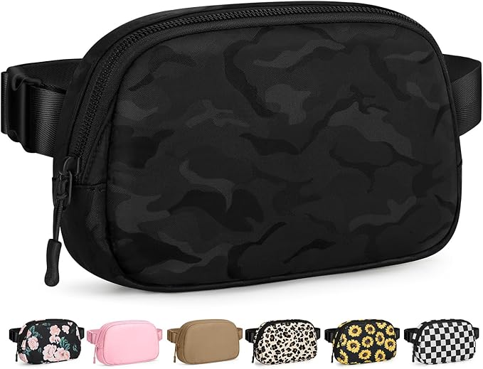 Pritent Fanny Packs for Women Cross Body Bag Waterproof Belt Bag with Adjustable Strap and Zipper Back Pocket Small Crossbody Bags Fashion Waist Packs for Workout Travelling(Camo Black)
