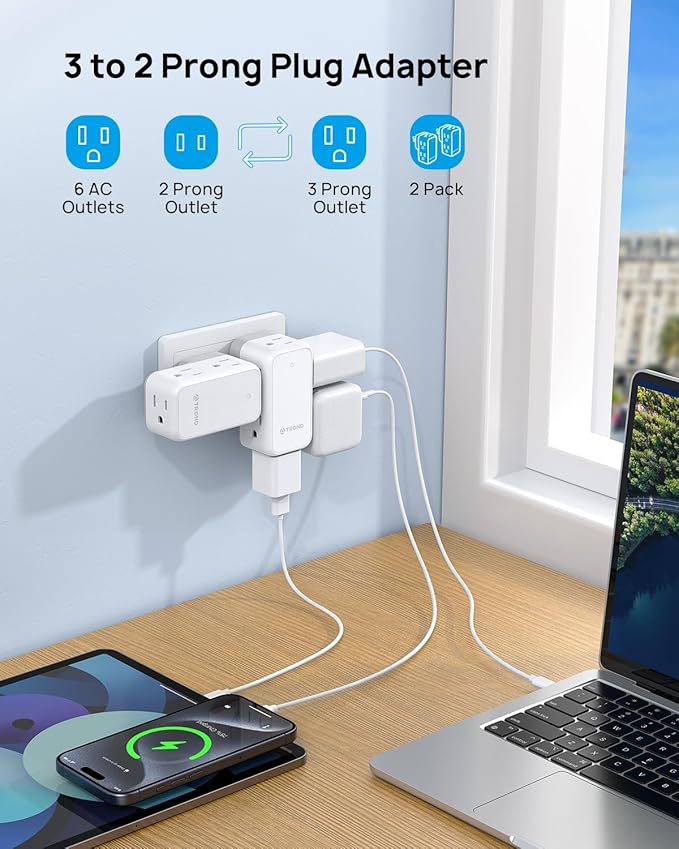 TROND 2 Prong Outlet Extender 2 Pack, 3 Prong Adapter with 360 Rotating Plug, Wall Outlet Splitter with 6 AC Charger, Travel Power Adapter for US to Japan, Non-Grounded Plug Extender for Old House
