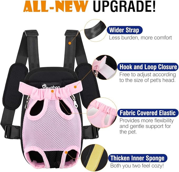 Pawaboo Adjustable Carrier Backpack for Dog Cat, Pet Front Dog Carrier Purses Cat Travel Bag, Legs Out, Easy-Fit for Traveling Hiking for Small Dogs Cats Puppies, S, Pink