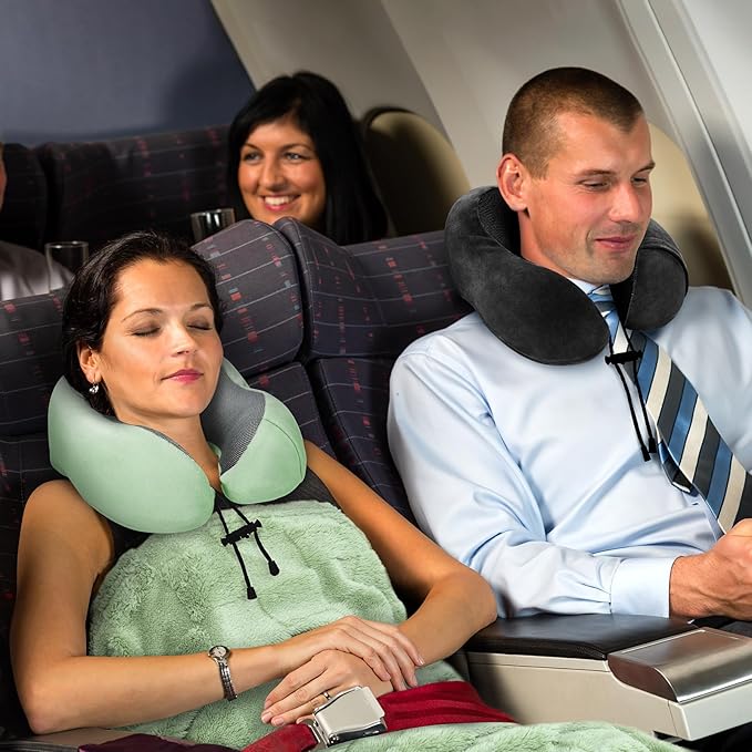 urnexttour Travel Pillow and Blanket Set Neck Pillows Soft Blankets with Sleep Mask Travel Essentials for Airplane Car Memory Foam Sage Green