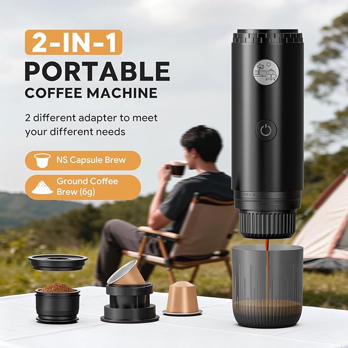 RECAFIMIL Portable 2-in-1 Coffee Maker, Portable 20 Bar Espresso Machine with Automatic Heating, Compatible with NS and Ground Coffee for Camping, Hiking Travel and Home (Black)
