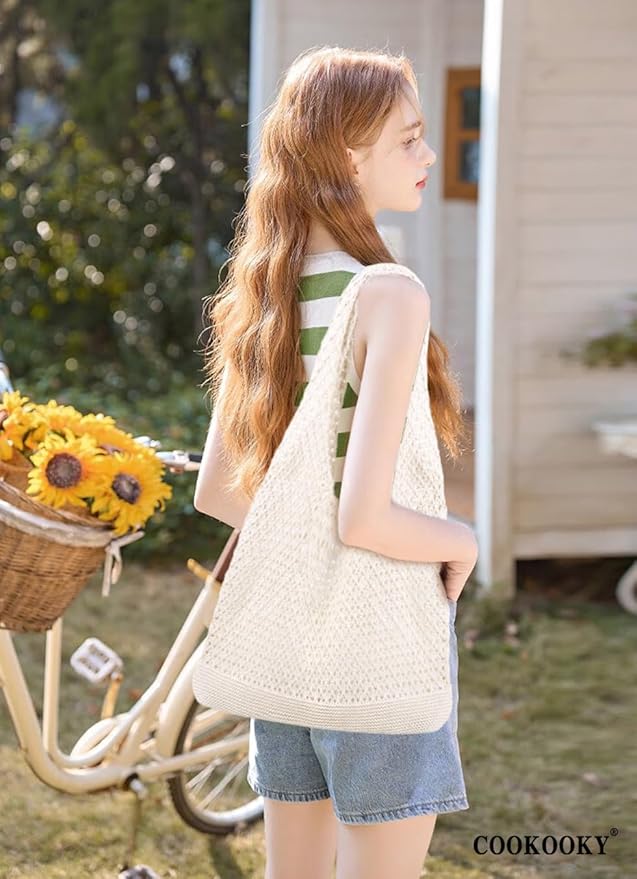 COOKOOKY Crochet Beach Tote bag Summer Beach Bag for Women Aesthetic Mesh Tote Bag Hippie Bag Knit Bag