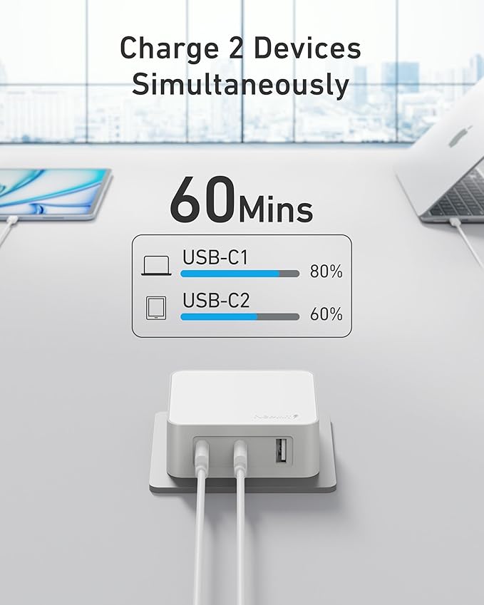 Nekmit 100W Flat USB C Charger Block, 3-Port GaN Fast Wall Charger(2*USB-C & 1*USB-A), USB C Wall Plug with Fixed Prongs for iPhone 17/16, MacBook Pro/Air, iPad, Galaxy and More