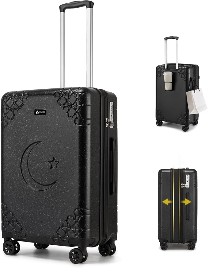 Somago Expandable Carry On luggage with Shock-Absorbing Braking Spinner Wheels Moon Star Design Hard Shell Suitcase with Cupholder TSA Lock (Black,Expandable 20 Inch)