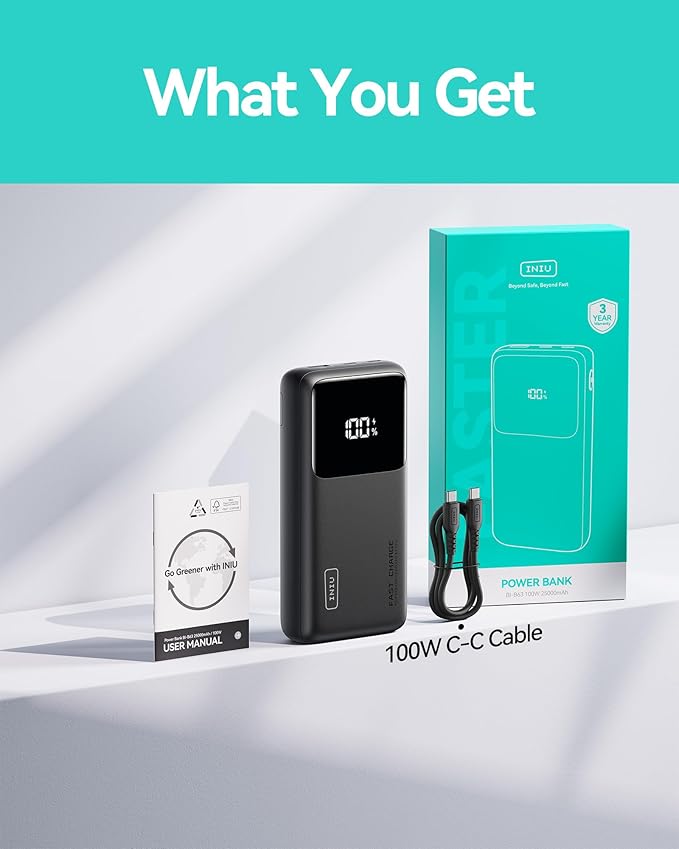 INIU Power Bank, 25000mAh 100W USB C Laptop Portable Charger, PD QC Fast Charging 3-Output Battery Pack, Travel Charger for Laptop MacBook iPad Tablet Steam Deck iPhone 17 16 15 14 Pro Samsung S25 etc