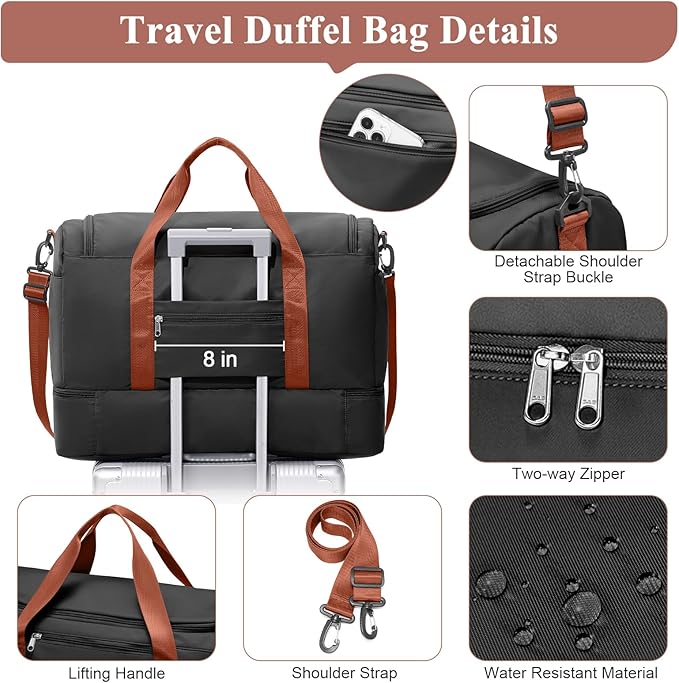 Travel Duffel Bag for Women, Carry-on Overnight Weekender Bags with Wet Pocket & Toiletry Bag, For Spirit Airlines 18x14x8 Personal Item Bag,Small,Black & Brown
