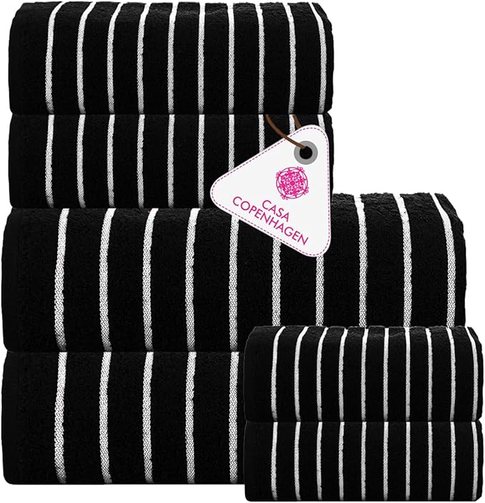 CASA COPENHAGEN Ecstatic 6Pcs 100% Egyptian Cotton Large Designer Towels Gift Set- Pitch Black, 600GSM, 2Bath 2Hand 2Washcloths, Bath Towels for Bathroom Set for Women & Men