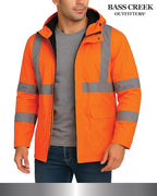 Bass Creek Outfitters Mens Rain Jacket - Waterproof Hooded High Visibility Safety Coat with Reflective Strips