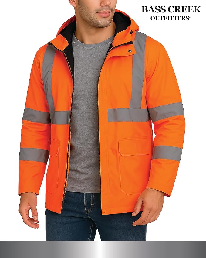 Bass Creek Outfitters Mens Rain Jacket - Waterproof Hooded High Visibility Safety Coat with Reflective Strips