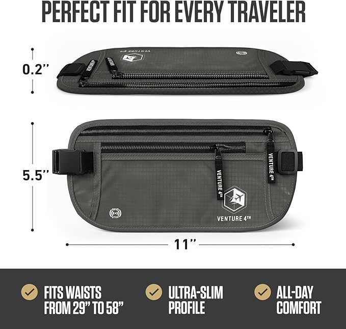 VENTURE 4TH RFID Money Belt for Travel with RFID Blocking Sleeves – Slim Hidden Travel Wallet & Passport Holder for Men & Women, Lightweight Anti-Theft Pouch to Protect Cash, Cards & Documents - Gray