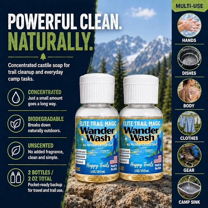 Elite Trail Magic- 2 pack- Made In USA- Wander Wash Biodegradable Castile Soap – Ultralight (2) 1 oz Concentrated Liquid Soap for Camping -Travel & Backpacking – All Purpose, Unscented (2)