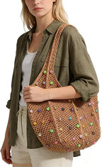 Boho Crochet Beach Tote Shoulder Bag with Colored Beads | Colorful Aesthetic Hippie Knit Bag for Women