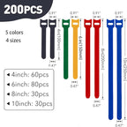 MVYC 200PCS Reusable Cable Ties Wire Ties Cord Organizer Cable Organizer Adjustable Cable Management 4+6+8+10 inch 5 Colors