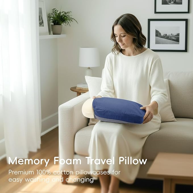 urnexttour 4-in-1 Travel Pillow & Blanket Set with Eye Mask, Memory Foam Neck Support, 50x65 Inch Blanket, Storage Bag for Airplane, Car, Train, Home Travel Blue