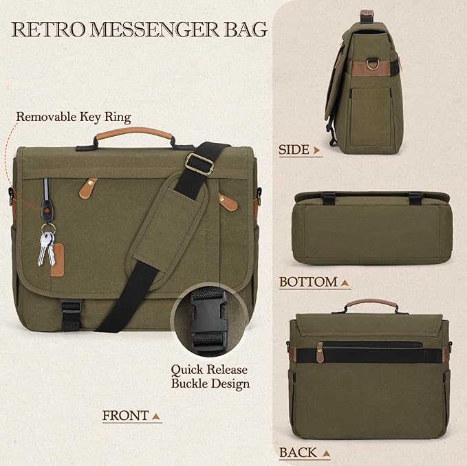 RAINSMORE Messenger Bag for Men 17-17.3 Inch Laptop Bag Water-resistant Canvas Computer Shoulder Bag Office Work Briefcase Large Casual Satchel Bags for Men Bookbag for College, OliveDrab
