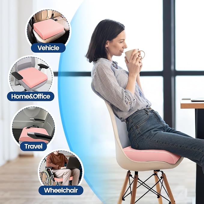 SweetSlubr Seat Cushion for Tailbone Pain Relief, Office Chair Cushion, Memory Foam Large Chair Cushion with Non-Slip Cover for Soft Support at Office Chair, Car Seat, Airplane Pink/Large
