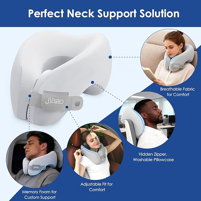 jiaao Memory Foam Neck Pillow for Travel & Airplanes, Adjustable Travel Pillow for Long Flights & Road Trips, Includes Eye Mask, Earplugs & Bag