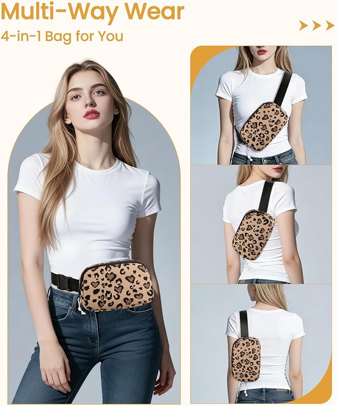 Vankor Cute Leopard Fanny Packs for Women Cross Body Corduroy, Leopard Belt Bag for Women Crossbody Stylish Waist Pack Purse for Travel, Hiking, Workout, Running