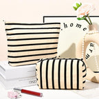 SOIDRAM 2 Pieces Makeup Bag Large Stripe Cosmetic Bag Capacity Canvas Mix Travel Toiletry Bag Organizer Cute Makeup Brushes Aesthetic Accessories Storage Bag for Women, Stripe Mix White
