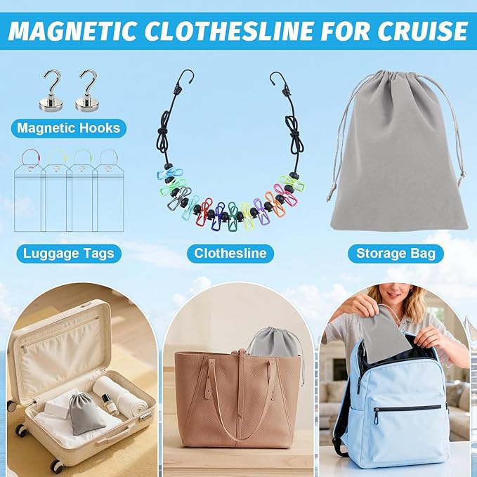 Travel Clothesline for Cruise Retractable Clothesline with 12 Clothesline Clips 2 Strong Magnets Hooks 4 Luggage Tags Camping Portable Clothesline for Hotel Room RV Indoor Cruise Ship Essentials 2026