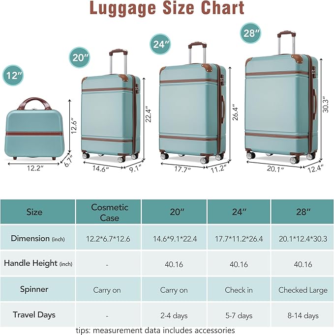 Luggage Sets 4Pc Hardshell Suitcase Sets for Travel with TSA Lock