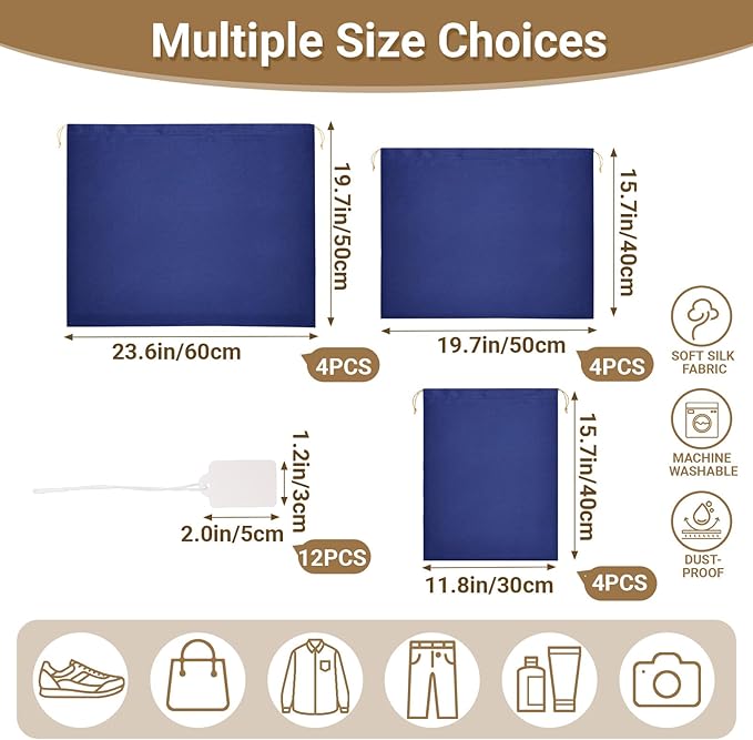 Ewen 12 Pack Dustbags with Drawstring in Small Medium Large, Dustproof Satin Storage Pouch with Blank Tags for Travel Essentials Packing, Dark Blue Silk Bag for Closet Storage Shoes Purse Organization