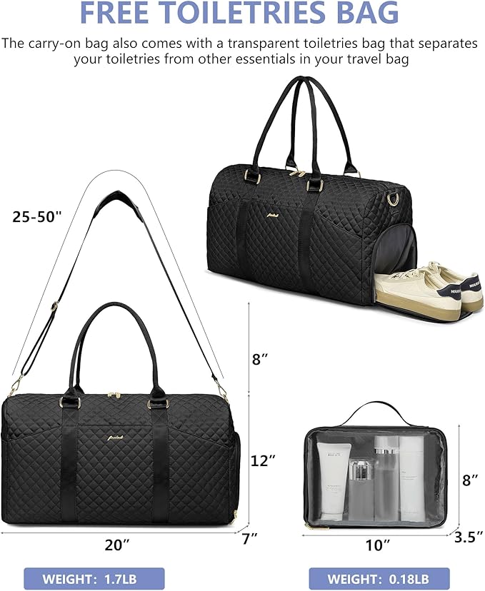 FOCDOD Travel Duffle Bag for Women - Weekender Bags with Shoe Compartment Large Carry on Overnight Tote Bag with Toiletry Bag Traveling Yoga Gym Bags with Wet Pocket Mommy Hospital Bag Black