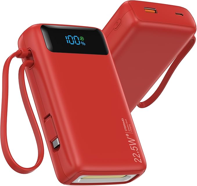 Portable Charger, 27000mAh 22.5W Fast Charging Power Bank with Built-in Cable, USB C Battery Pack with LED Display & Flash Light, Travel Essential External Battery Charger Bank for iPhone Samsung Red