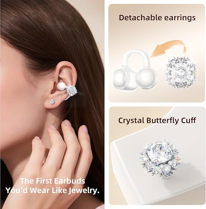 Kinglucky Jewelry-Inspired Clip-On Earbuds with Diamond Earrings, Comfortable Fit & 40H Playtime Open Ear Bluetooth 5.4 Wireless Headphones for Women, Small Ears, Sports & Workouts (White)