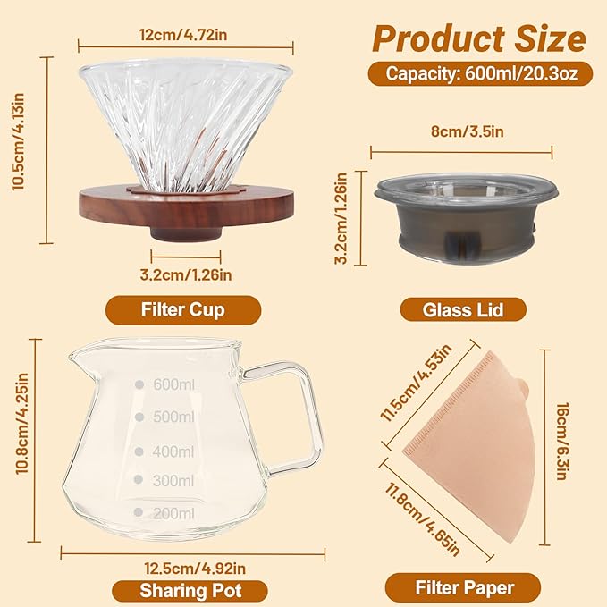 Coffee Pour Over 20.3oz 600ml High Borosilicate Glass Pour Over Coffee Maker Set Camping Travel with 100 Pcs V60 Cone Filter Paper Hand Brew Carafe Drip Suitable for Electric Ceramic Stove