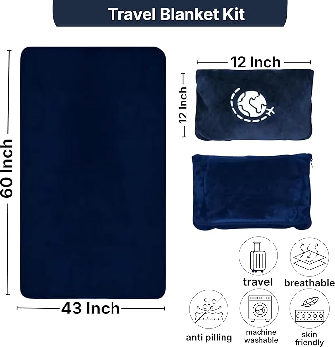 Travel Blanket and Pillow Compact – 4-in-1 Soft Fleece Airplane Blanket with Bag Pillowcase, Neck Pillow, Eye Mask & Earplugs, Lightweight Portable Flight Blanket 60"x43" (Navy)