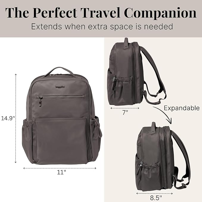 Baggallini Tribeca Expandable Laptop Backpack - 15"x11" Lightweight RFID Computer Bag for Work & Travel with Luggage Sleeve