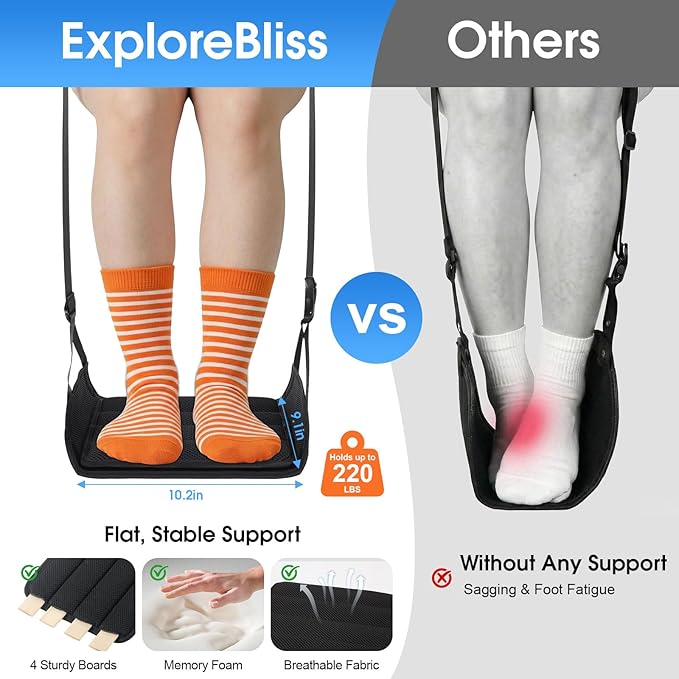 ExploreBliss Airplane Foot Rest - Lightweight Foot Hammock for Plane Travel with Adjustable Strap & Thick Board, Tray Table Under Desk Footrest to Relax Feet, Travel Essentials for Long Flights(Black)