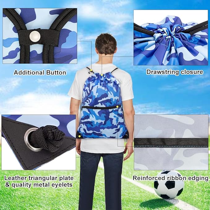 draw string back bag, Large Gym Sports string backpack for men and women with front zipper pocket and inside zipper pocket to keep key or phone(blue camo)